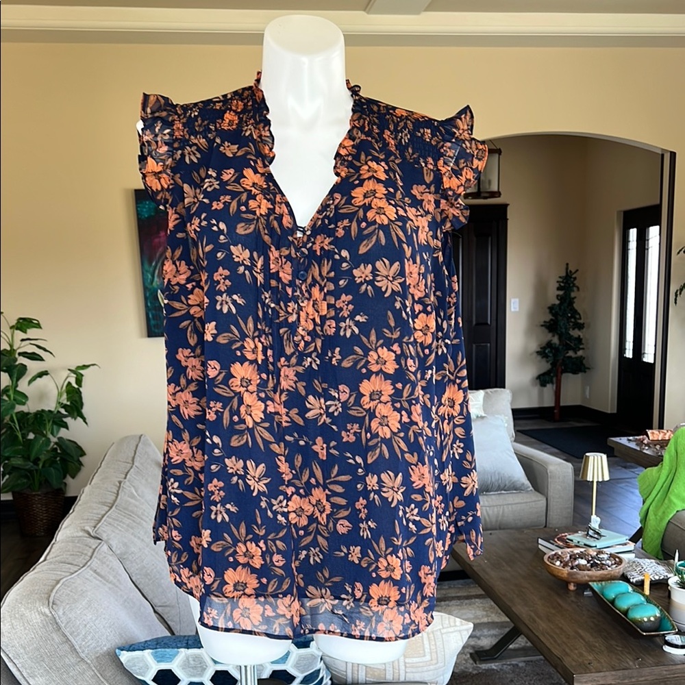 Women’s Navy Floral V-Neck Ruffle Sleeve Blouse